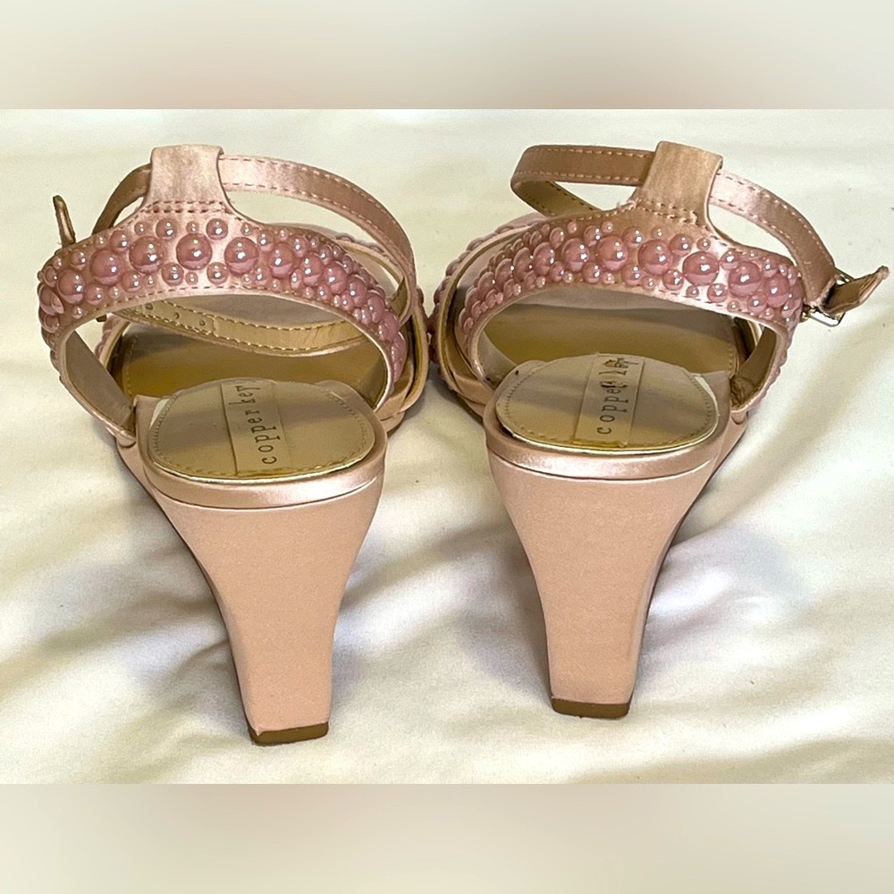 Copper Key Pink Faux Pearl Embellished Ankle Strap Coquette Wedge Sandals Size 8 - Picture 4 of 10